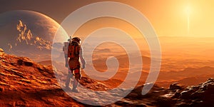 Astronaut standing on the surface of Mars, capturing the barren landscape and the reddish hues of the planet& x27;s soil