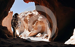 An astronaut stands at the entrance of a cave exploring alien planet