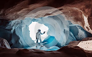 An astronaut stands at the entrance of a cave exploring alien planet