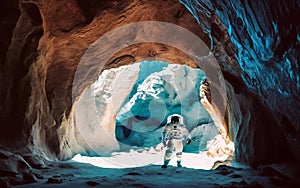 An astronaut stands at the entrance of a cave exploring alien planet