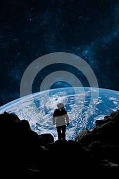 Astronaut stands on a foreign planets surface, looking towards Earth against a backdrop of stars. 3d render