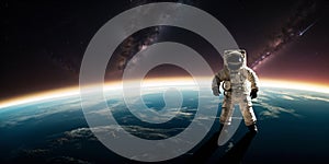 An astronaut stands with his feet on planet earth in an astro suit. Illustration on the theme of human conquest of space