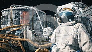 An astronaut stands beside his lunar rover at the space moon base. View of the lunar surface and lunar colony. 3D