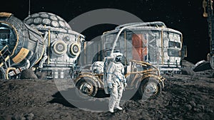 Cosmonauta rack accanto a il suo mensile vagabondo sul spazio un mese. da mensile superficie un mensile colonia. 3
