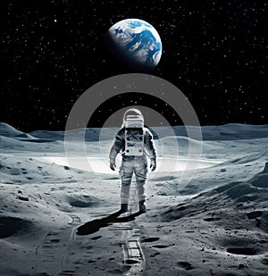 Astronaut stands on the lunar surface, gazing at the distant Earth suspended in a star-studded sky. Generative AI