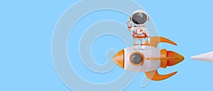 Astronaut stands on space rocket and waves his hand. Vector poster on blue background
