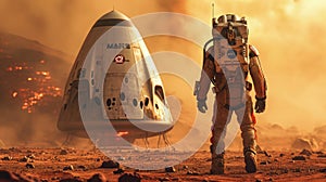Astronaut stands by spacecraft on Mars, scene on deserted planet during space mission. Spaceman walks near spaceship. Concept of
