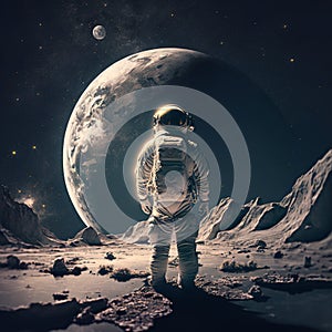 A astronaut stands on the surface of the moon, looking up at the stars. Generated By AI