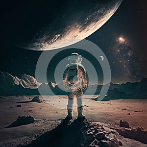 A astronaut stands on the surface of the moon, looking up at the stars. Generated By AI