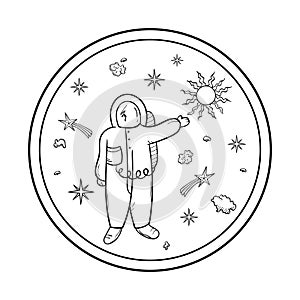 Astronaut, stars and asteroids. Space object in the style of the doodles