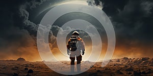 Astronaut on stormy planet Mars. Habitable world and colonization concept. Generative AI