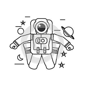 astronaut suit jumping with set icons