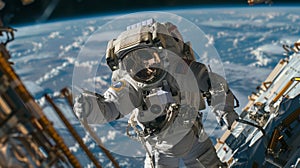 An astronaut suited up and preparing for a spacewalk outside of the station with Earth visible in the background