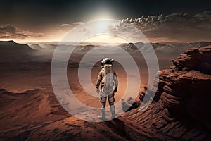 Astronaut in the sunset on planet Mars