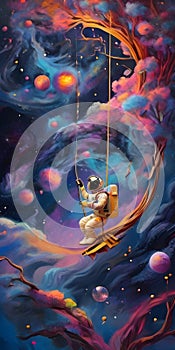 Astronaut on a swing in the outer space. Fantasy illustration.