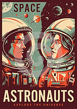 Astronaut team colorful vintage poster