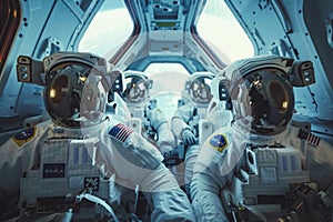 Astronaut Team Inside Space Shuttle Cockpit During a Mission