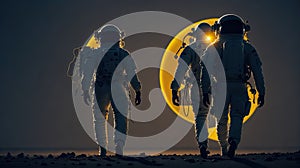 Astronaut team walking on the beach with full moon lighting effect background, Surreal composition, Space exploration