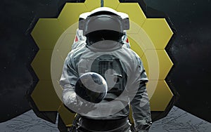 Astronaut and telescope James Webb. JWST launch art. Elements of image provided by Nasa photo
