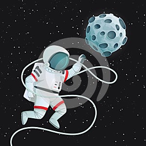 Astronaut with tether flying with one hand outstretched reaching for the Moon