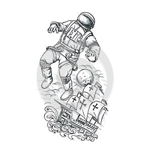 Astronaut Tethered to Caravel Tattoo photo