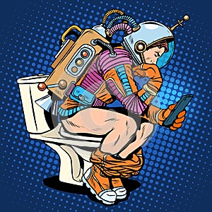 Astronaut thinker on the toilet reading a smartphone