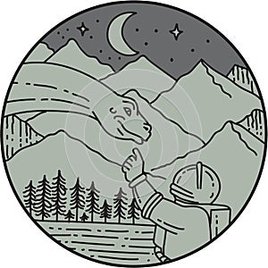 Astronaut Touching Brontosaurus Circle Mono Line photo