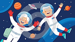 At the astronaut training facility a retired couple practices their zero gravity maneuvers with big grins on their faces photo