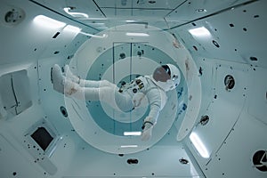 Astronaut in training, floating in a zero-gravity simulator. Generative AI