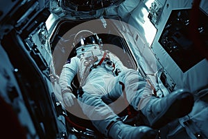 Astronaut in training, floating in a zero-gravity simulator. Generative AI