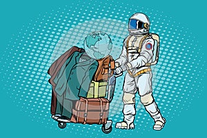 Astronaut traveler with baggage cart