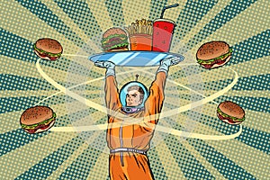 Astronaut with a tray of fast Food