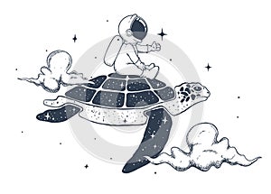 Astronaut and turtle in the clouds