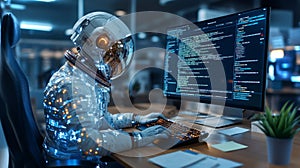 Astronaut types code on a computer in a futuristic space environment