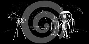 Astronaut and ufo doodle style vector illustration. Pioneer spaceman meets cosmic creature