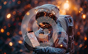 Astronaut uses smartphone in outer space