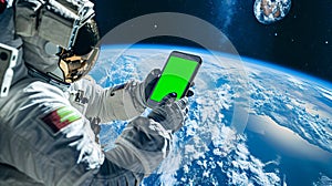 Astronaut using green screen phone while performing spacewalk in open space. Planet Earth on background. Chroma key