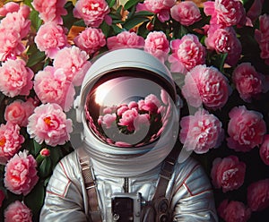 Astronaut in vibrant pink flower field, reflecting blossoms on visor. A surreal contrast of technology and nature