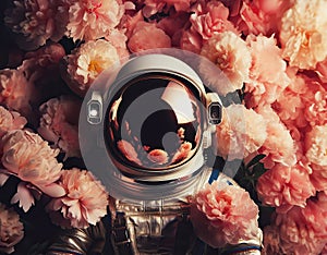 Astronaut in vibrant pink flower field, reflecting blossoms on visor. A surreal contrast of technology and nature