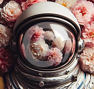 Astronaut in vibrant pink flower field, reflecting blossoms on visor. A surreal contrast of technology and nature