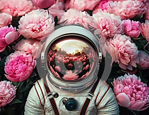 Astronaut in vibrant pink flower field, reflecting blossoms on visor. A surreal contrast of technology and nature