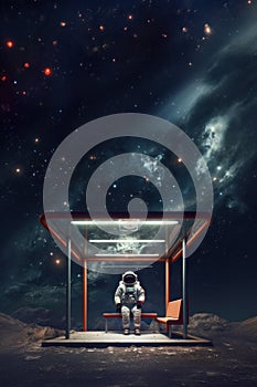 Astronaut waits at a bus stop on a faraway planet under an alien sky, surreal sci-fi concept. Generative AI