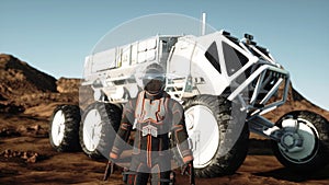 Astronaut walk on alien planet. Martian on mars. Sci -fi concept. 3d rendering.