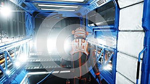 Astronaut walk in sci-fi interior. Martian. Sci -fi concept. 3d rendering.