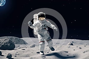 Astronaut walking, dancing, and jumping on moon floor with universe galaxy stars background, explore the universe, science