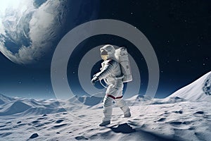 Astronaut walking, dancing, and jumping on moon floor with universe galaxy stars background, explore the universe, science