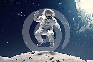 Astronaut walking, dancing, and jumping on moon floor with universe galaxy stars background, explore the universe, science