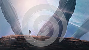 Astronaut walking on grass hill with stone pillars and planet. Fantasy landscape background, digital hand painting