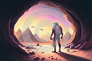 Astronaut walking on luminous path on barren planet in sci-fi scene. illustration painting