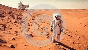 Astronaut walking on Mars planet surface with base in background created using generative AI